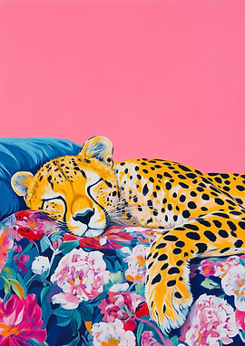 Sleeping Cheetah on Floral Bed