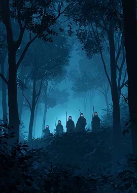Mysterious figures in a dark forest