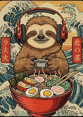 Sloth Gamer Ramen Poster, Cute Japanese Cartoon Wall Art, Funny Anime Food Print