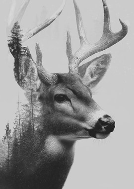 Monochrome Deer Portrait with Forest Overlay