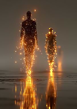 Glowing Figures on Reflective Surface