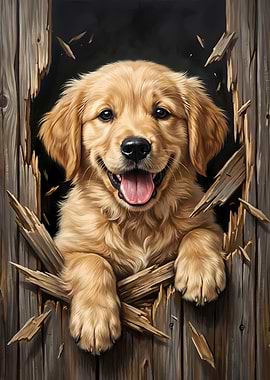 Golden Retriever Paws Through Wooden Wall