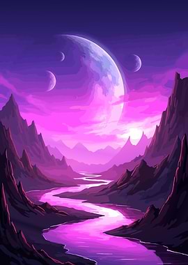 Purple Mountain River with Moon