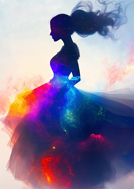 Celestial Silhouette: Woman in Galaxy Dress