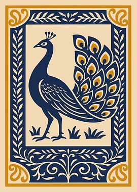 Elegant Peacock Illustration with Decorative Border