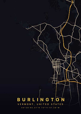 Burlington Vermont Black and Gold Map