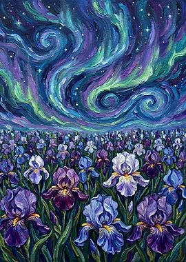 Irises under the Northern Lights Painting