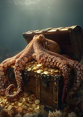 Octopus guarding treasure chest underwater