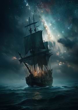 Pirate Ship Sailing Under Starry Sky
