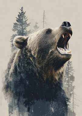 Roaring Bear in Forest