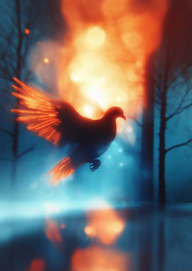 Fiery Dove in Ethereal Landscape