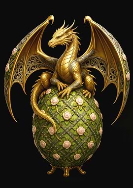 Golden Dragon Perched on Floral Egg