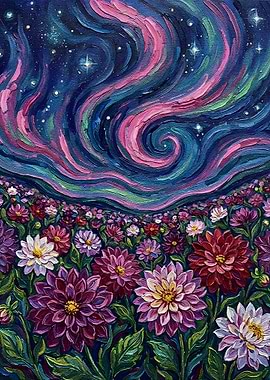 Floral Field Under Aurora Borealis Painting