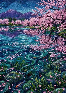 Cherry Blossom Lake with Koi Fish Painting