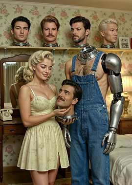 Surreal Retro Scene with Detached Heads