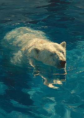 Polar Bear Swimming in Blue Water