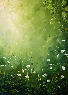 Green Meadow with White Flowers Painting
