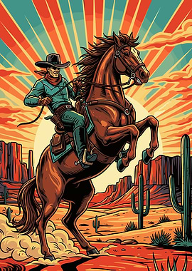 Cowboy on Rearing Horse in Desert