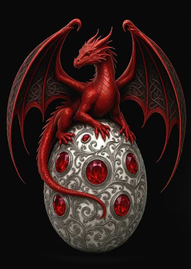 Red Dragon Perched on Jeweled Egg