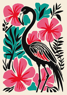 Stylized Flamingo with Tropical Floral Background