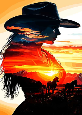 Cowboy girl Sunset Landscape Double Exposure