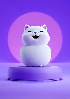 Smiling White Cat on Purple Stand