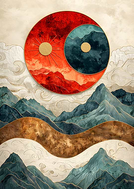 Abstract Mountain Landscape with Sun and Moon