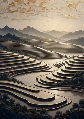 Rice Terraces at Golden Hour – Nature Asie Gilded Zen Relief Art