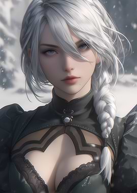 2A Gaming Anime Girl White Hair Portrait