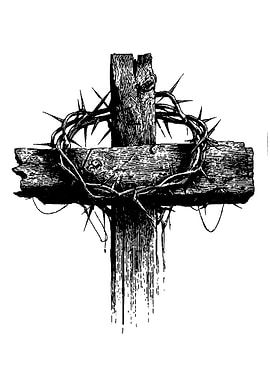 Wooden Cross with Crown of Thorns