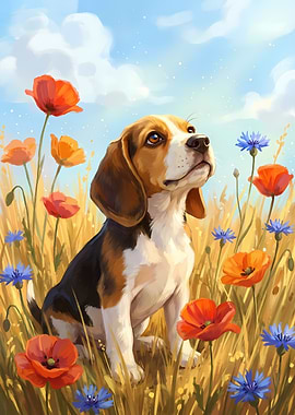 Beagle Puppy in a Flower Field