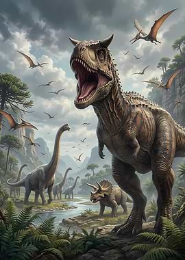 Dinosaur Landscape with Carnotosaurus and Pterodactyls