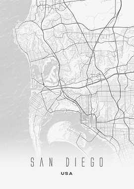 San Diego, California - Minimal Coastal City Streets Map, USA Wall Poster