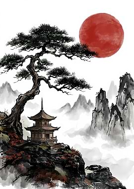 Japanese Pagoda with Red Sun Painting