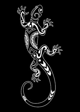 White Tribal Lizard on Black Background