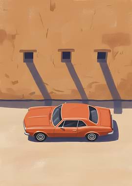 Vintage Orange Car Next to a Textured Ochre Wall
