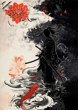 Samurai in Ink Wash Painting Style