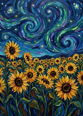 Sunflower Field Under Swirling Night Sky