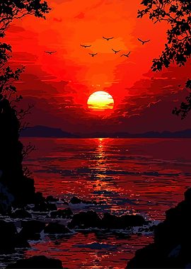 Red Sunset Over the Ocean