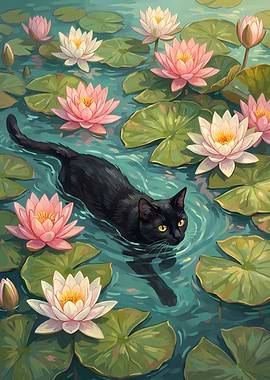 Black Cat Swimming Among Water Lilies