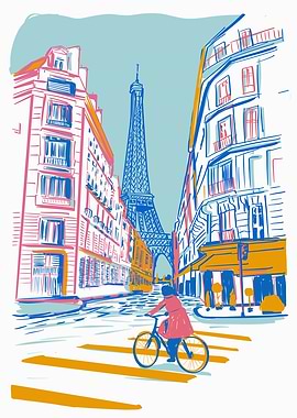 Paris street scene with Eiffel Tower