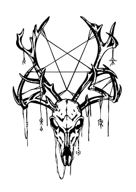 Deer Skull Pentagram Black and White Art