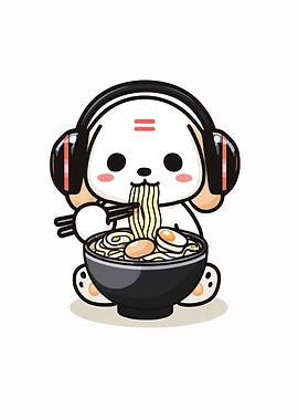 Cute Dog Eating Ramen with Headphones