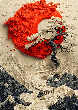 Japanese Landscape with Red Sun and Tree