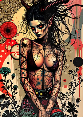 Demon Woman with Horns and Red Eyes