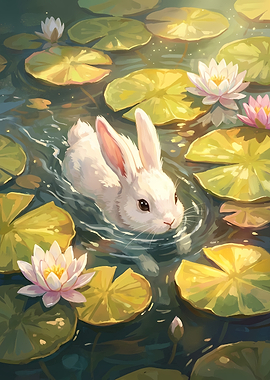 White Rabbit in Lily Pond Painting