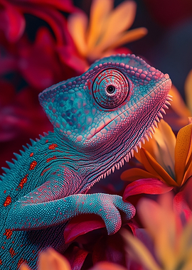Colorful Chameleon Portrait in Floral Setting