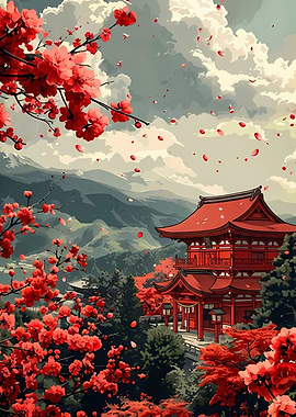 Japanese Temple with Cherry Blossoms