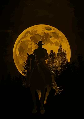 Cowboy on Horseback Under Full Moon