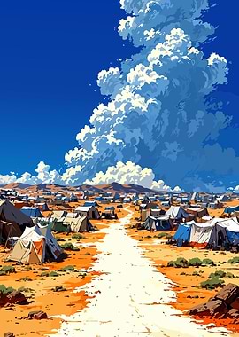 Desert Camp Under a Cloudy Sky